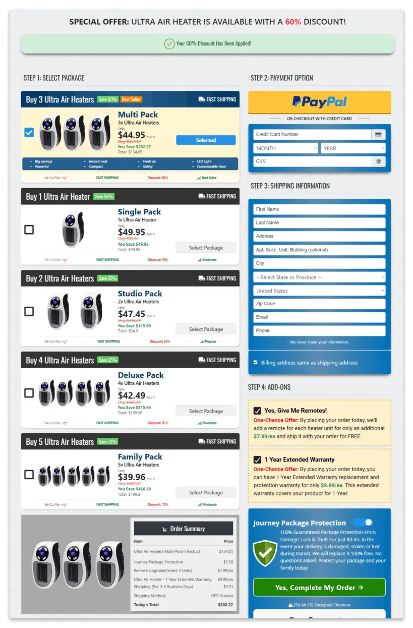 Ultra Air Heater checkout page